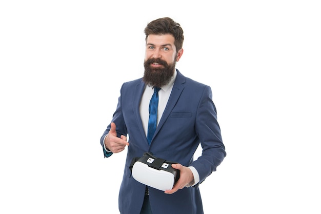 Business man of virtual reality pointing finger on vr glasses isolated on white virtual reality