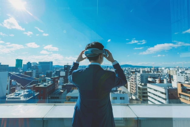 business man virtual reality in Work rooftop blue sky view mockup screen