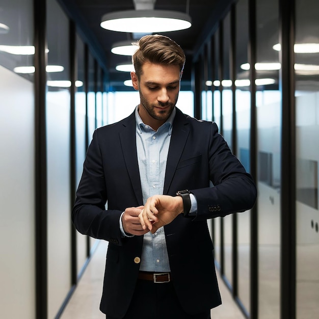 Business man wearing a suit and checking time on smartwatch