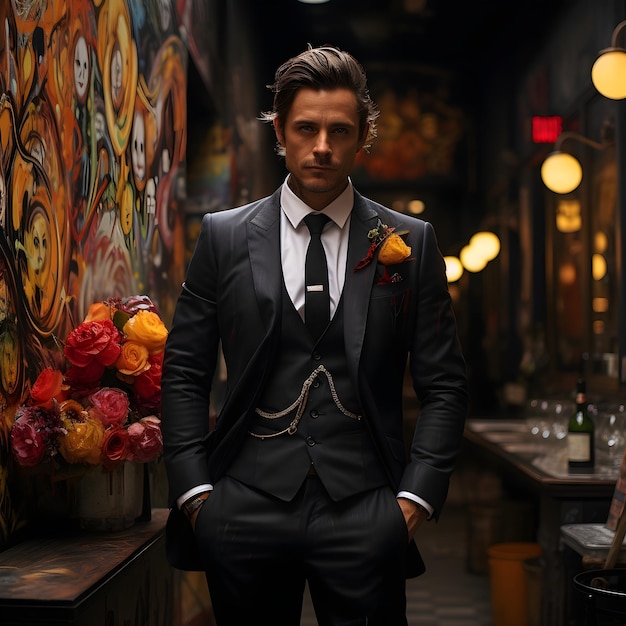 A business man wearing a three piece suit with some art showing in the background