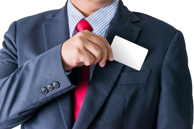 Business man who takes out business card from the pocket of business suit, copyspace