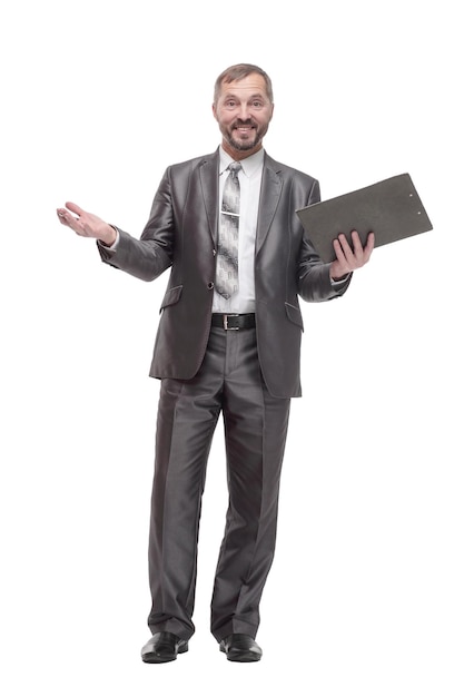 Business man with clipboard isolated on a white background