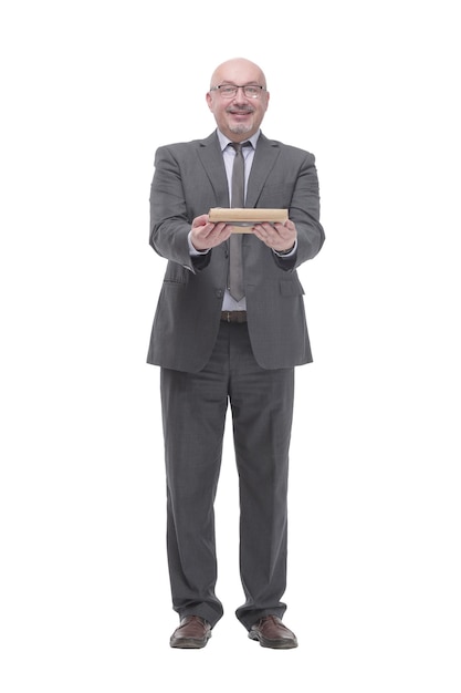 Business man with a gift boxisolated on a white background