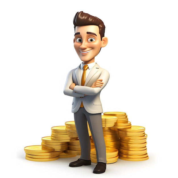 business man with gold coin 3d cartoon on a white background