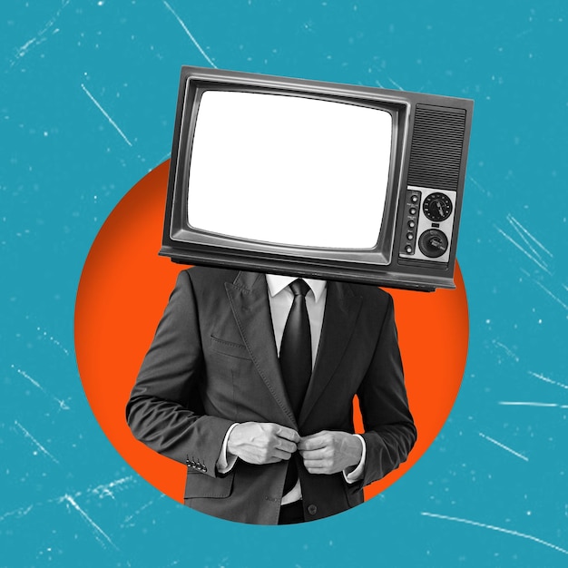 Business man with retro TV instead of head on blue background surrealism modern art collage