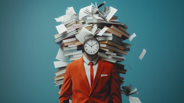 Photo business man with stack of books chaos of papers and clock instead of a head solid color background 3d rendering highly detailed ar 169 job id d7deff644ae04a1d8d78ffb1a8340950