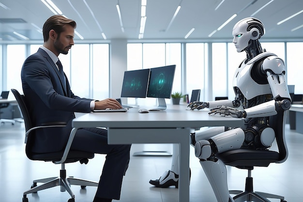 Photo a business man working alongside an artificial intelligence cyborg in office setting depicting the future of work and integration ai workforce background