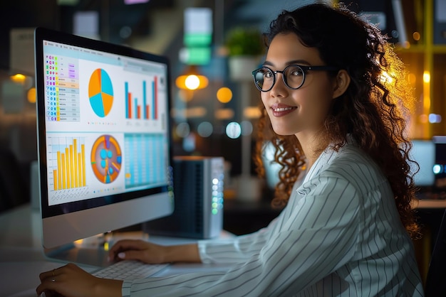 Business manager utilizes a desktop computer to analyze statistics commerce data and marketing plans