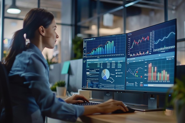 Business manager utilizes a desktop computer to analyze statistics commerce data and marketing plans