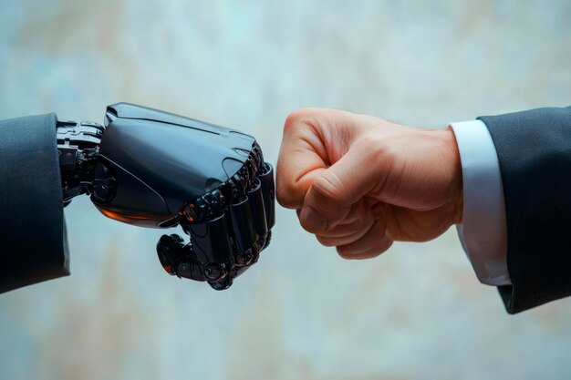 Photo business mans hand in suit and an artificial intelligence robot