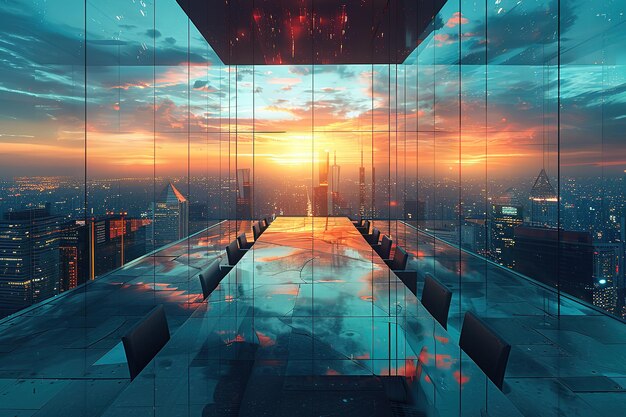 Photo a business meeting in a floating glass conference room above the city skyline space for text