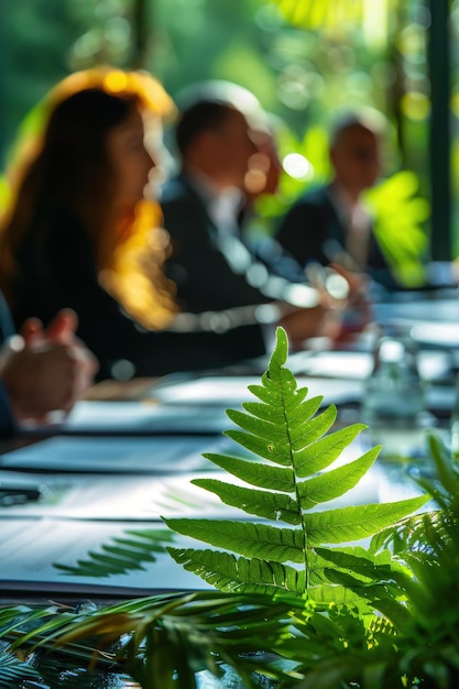 Photo business meeting in a green office environment with focus on fern leaf in foreground