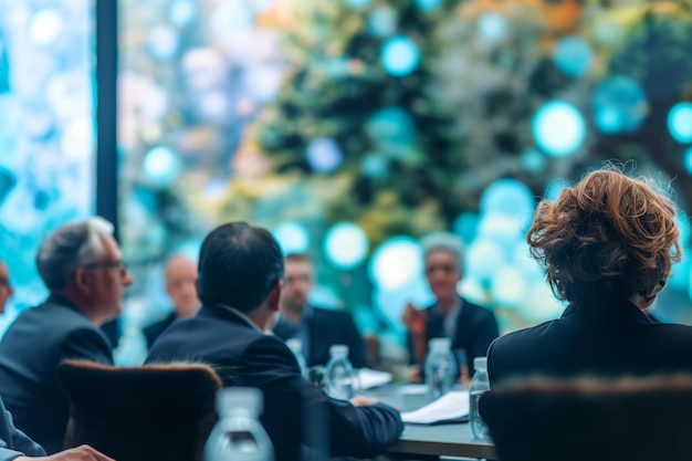 Photo business meeting in modern conference room with blurry background lights