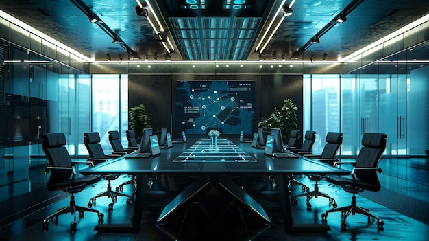 Business meeting in modern conference room with laptops