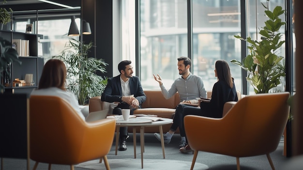 Photo business meeting in a modern office lounge with professionals discussing ideas in a relaxed setting during the afternoon