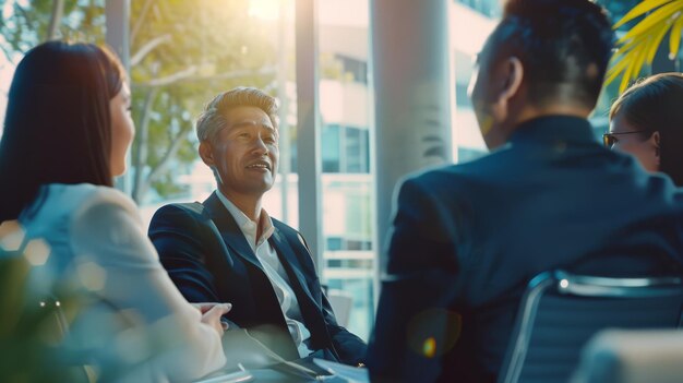 Photo a business meeting in a modern office setting where professionals engage in a lively and productive discussion bathed in natural light