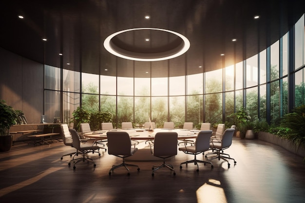 Business meeting room with city view background