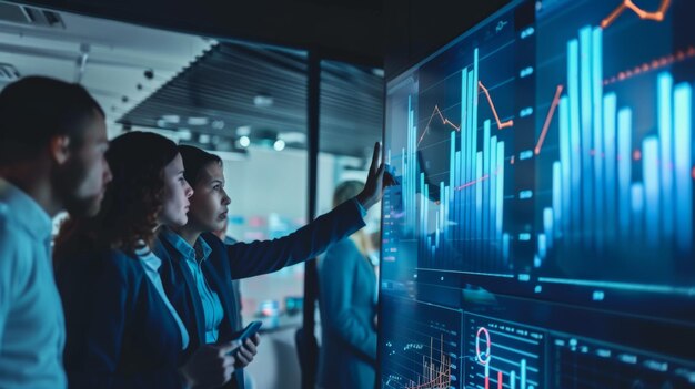 Business meeting with diverse team members analyzing financial graphs on a large screen