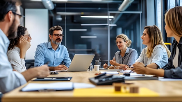 Photo business meeting with laptop and documents on a wooden table