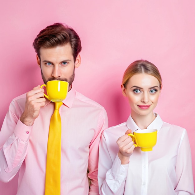 Photo business men and women office break with coffee drinking