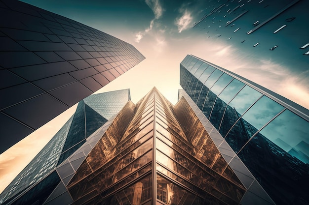 Business notion of prosperous industrial architecture as seen from below steel and glass skyscrapers