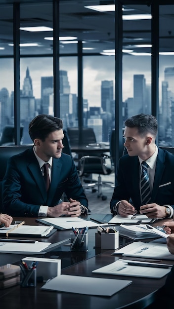 Photo business and office concept businessman listening to business partner talking