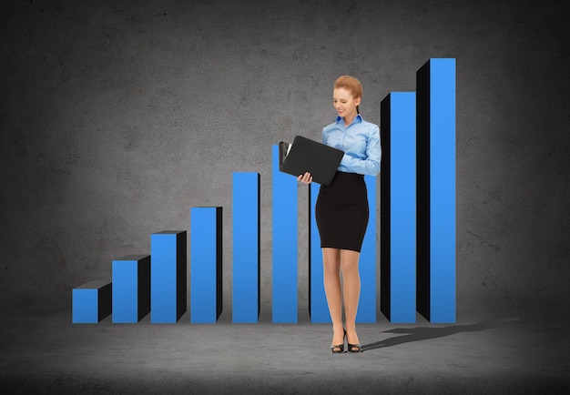 business and office concept - young smiling businesswoman with folder and growing chart on the back