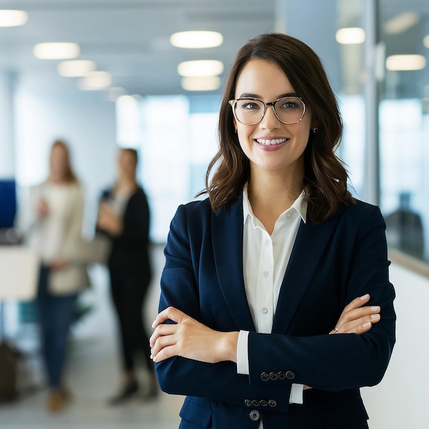 Business office with an Woman stands in front of group people