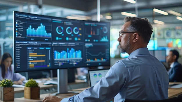 A business operations manager overseeing a busy office with employees working at desks