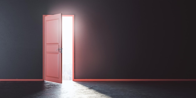 Business opportunities concept with sunlight coming through open red door in dark room