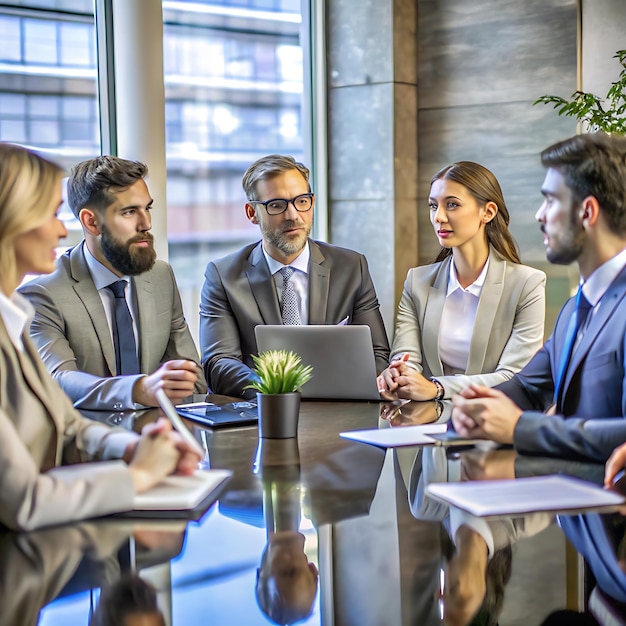 Photo business partner group discussing report at board room meeting table