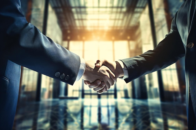 The business partners' confident handshake demonstrates their mutual understanding and agreement in a professional setting abstract business pattern bokeh white and blue color