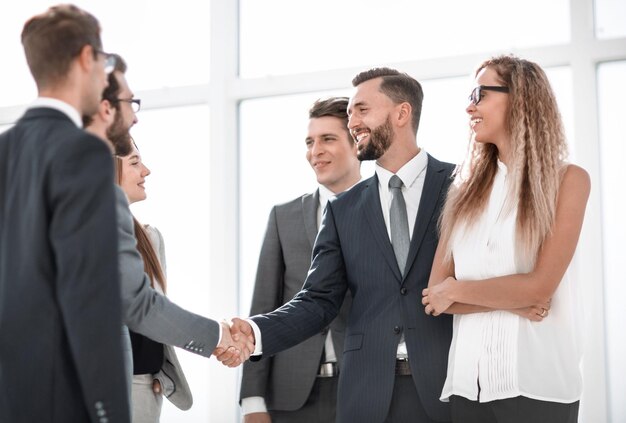 Business partners meet in the business center