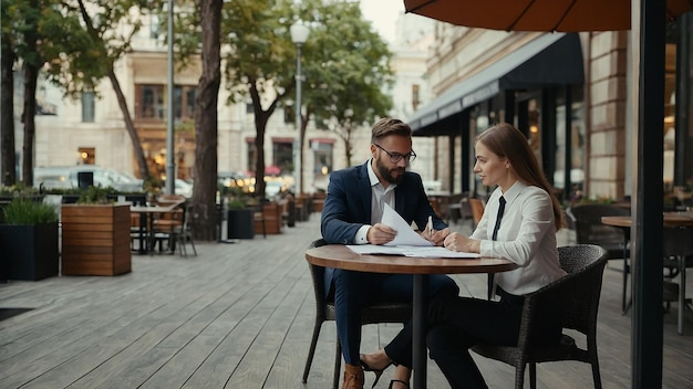 Photo business partners working with documents on cafe terrace outside office