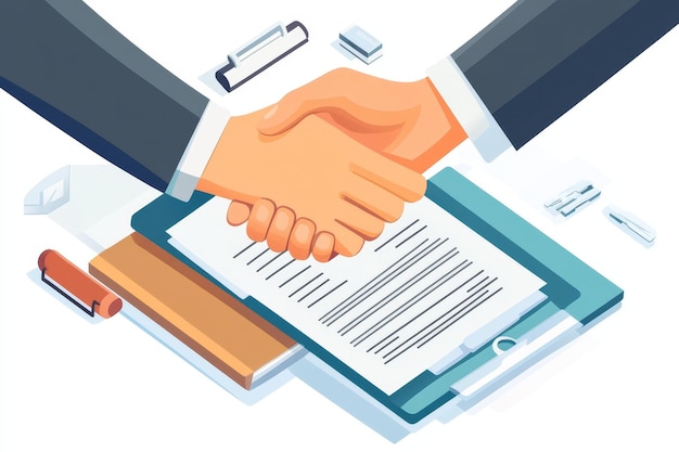 Photo business partnership agreement and handshake two hands shaking over a document symbolizing p