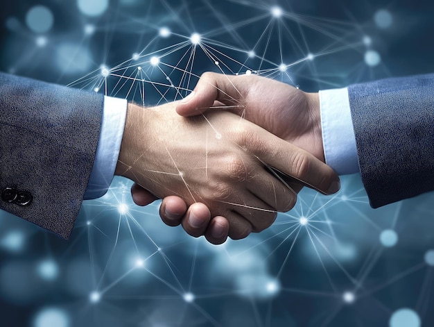 business partnership handshake with digital network connection futuristic technology collaboration