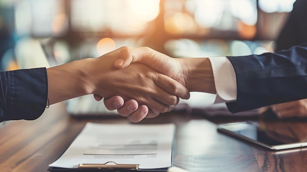 A business partnership team signing partnership agreement documents in a sleek office shaking hands with smiles capturing the collaborative and formal nature of forming a business partnership and