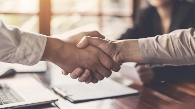 A business partnership team signing partnership agreement documents in a sleek office shaking hands