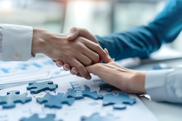 Photo business partnership and teamwork concept hands shaking on a table with puzzle pieces