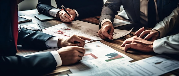 Business people are holding papers on table in meeting and discussing things