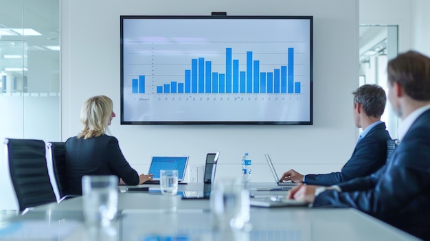 Photo business people are sitting at a table in front of a large monitor displaying graphs