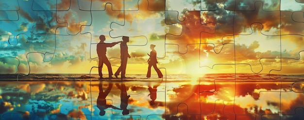 Business people are walking on the beach at sunset with puzzle pieces representing teamwork and problem solving