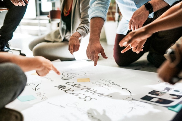 Business people brainstorming management process on paper