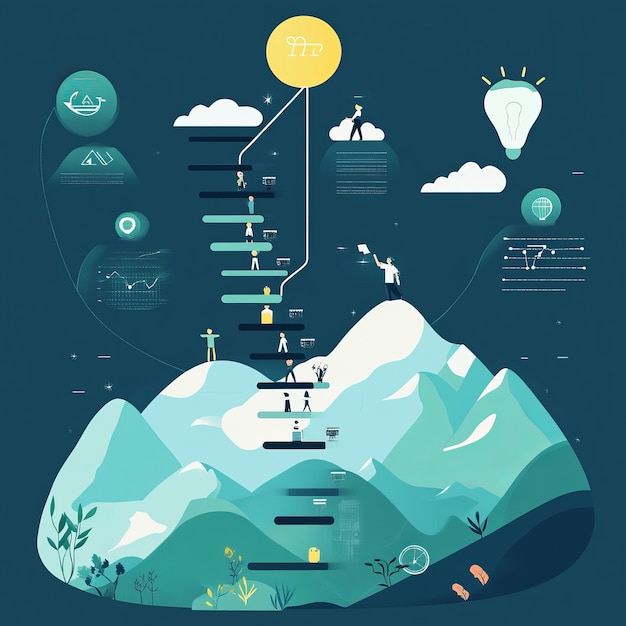 Business people climbing a mountain of success with a lightbulb at the top