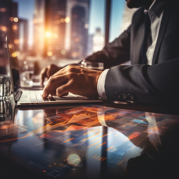 Business people hands closeup in modern office financial report double exposure business banner