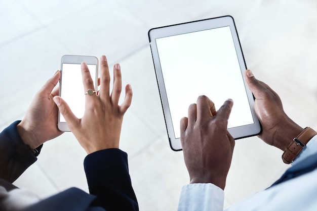 Business people hands and tablet with screen on mockup above in corporate networking advertising or marketing Hand of employee team on touchscreen or phone display for digital advertisement or app