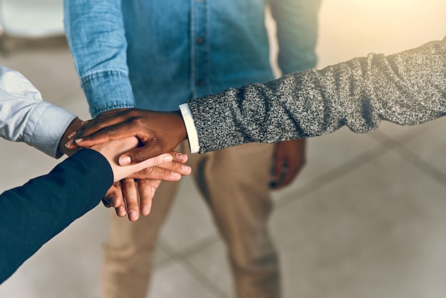 Photo business people and hands with pile for support with employee solidarity motivation and equality in workplace group success stack or collaboration with staff inclusion partnership or cooperation