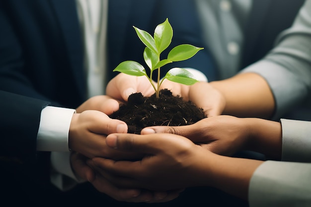 Business people holding soil with plant Teamwork needed to growth of a life plant