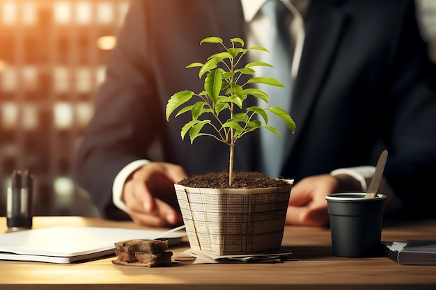 Business people holding soil with plant Teamwork needed to growth of a life plant