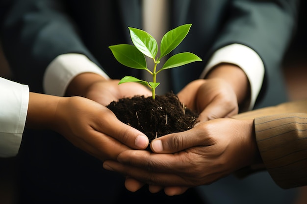 Business people holding soil with plant Teamwork needed to growth of a life plant